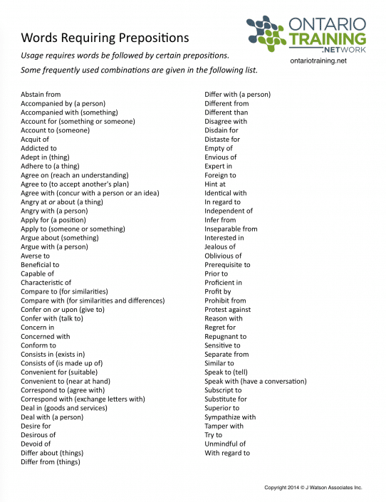 Words Requiring Prepositions – Tip Sheet | Ontario Training Network